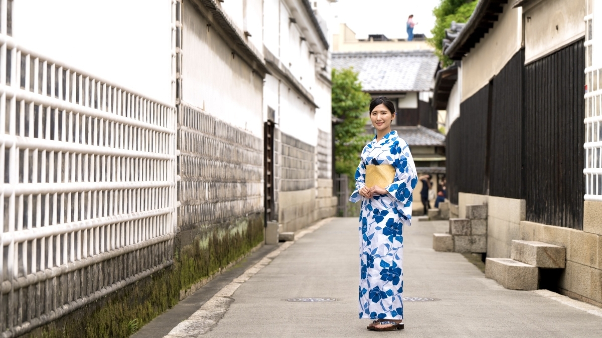 Kimono and Kurashiki scenery