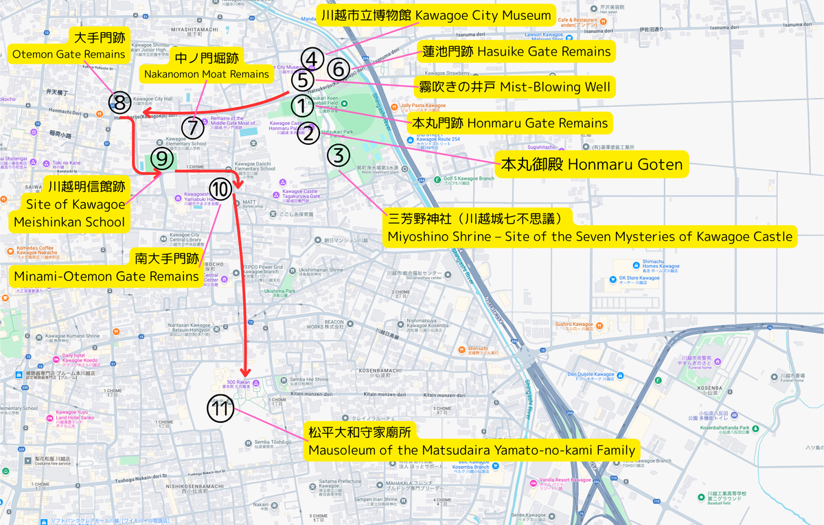 川越城史跡巡り観光コースマップ