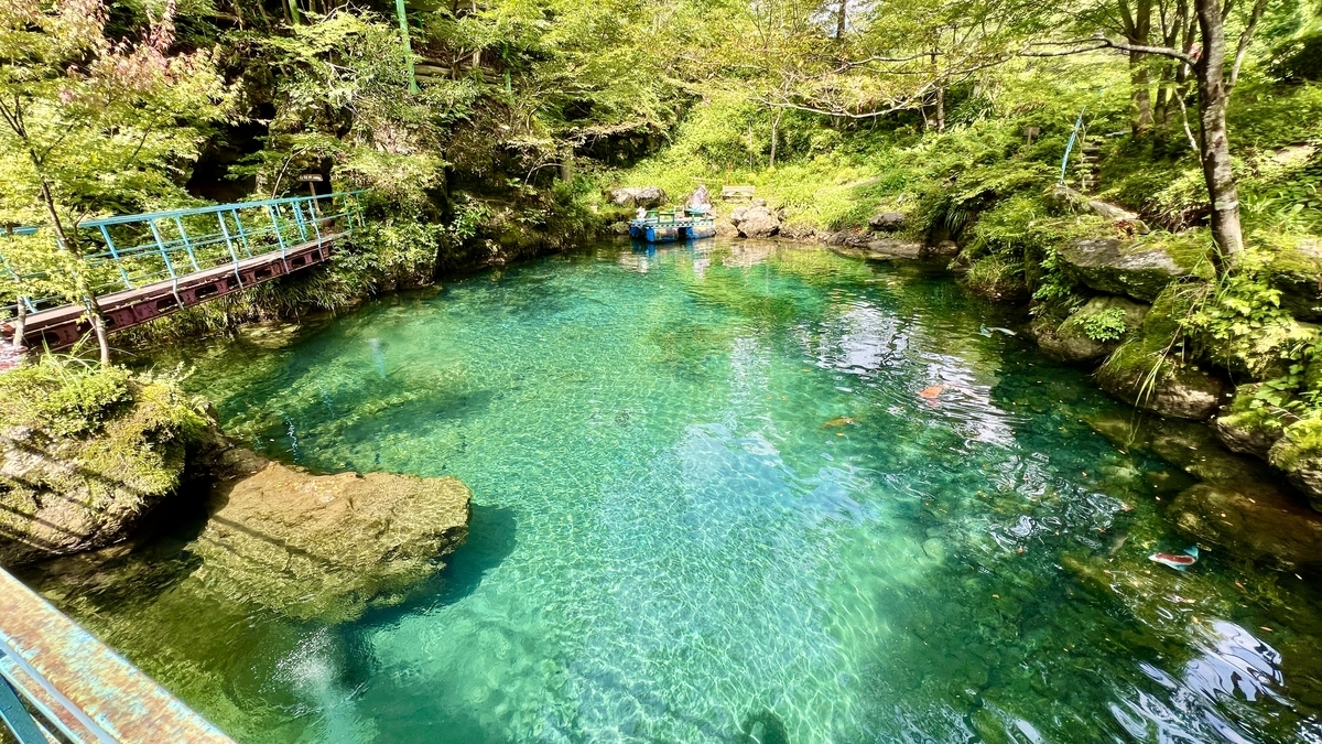白龍湖の全体像。緑の中に浮かぶ円形の碧い泉