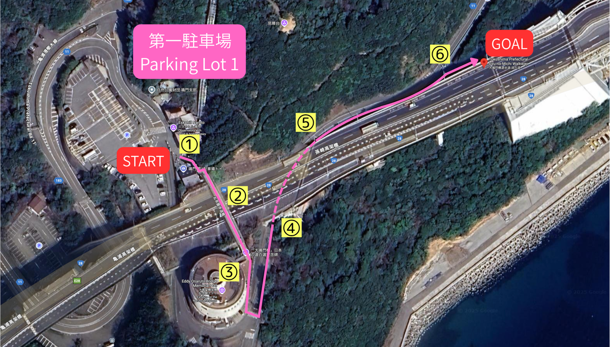 Mapa de la ruta a pie desde el Estacionamiento Principal hasta Uzu no Michi