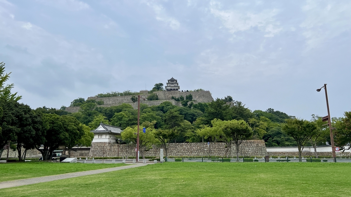 公園越しに見える丸亀城全景。石垣と天守が遠景に映るランドマーク的風景