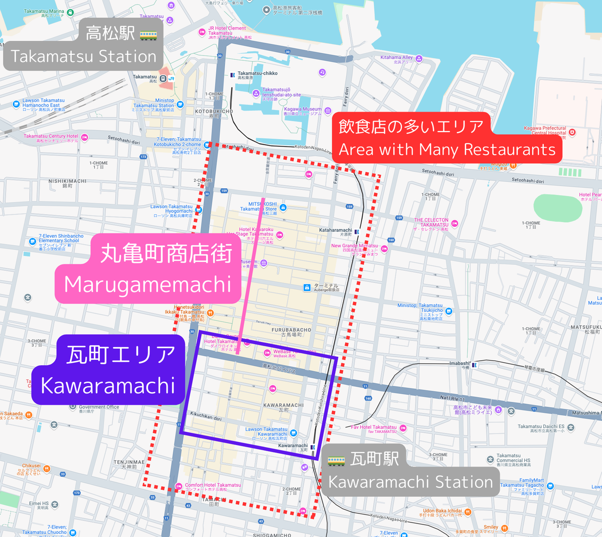 Map of Kawaramachi and Marugamemachi nightlife