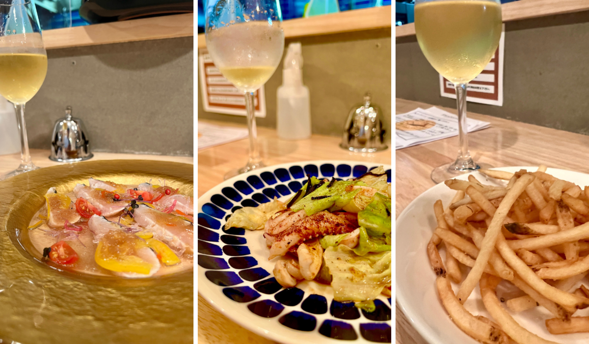 A set of carpaccio, stir-fry, and fries served with white wine