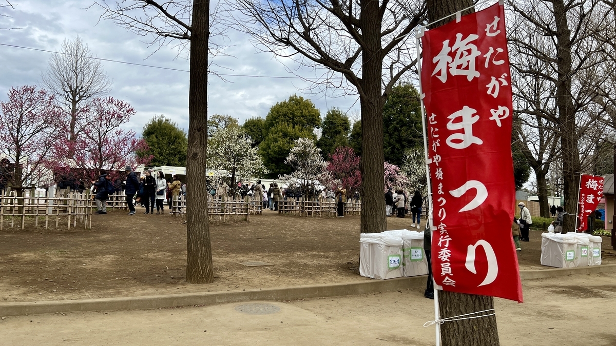 Red festival banner and blooming plum trees at the entrance of Hanegi Park