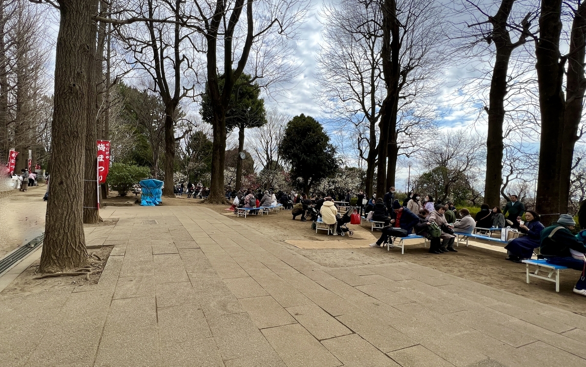 Visitors enjoying local food along the tree-lined walkway
