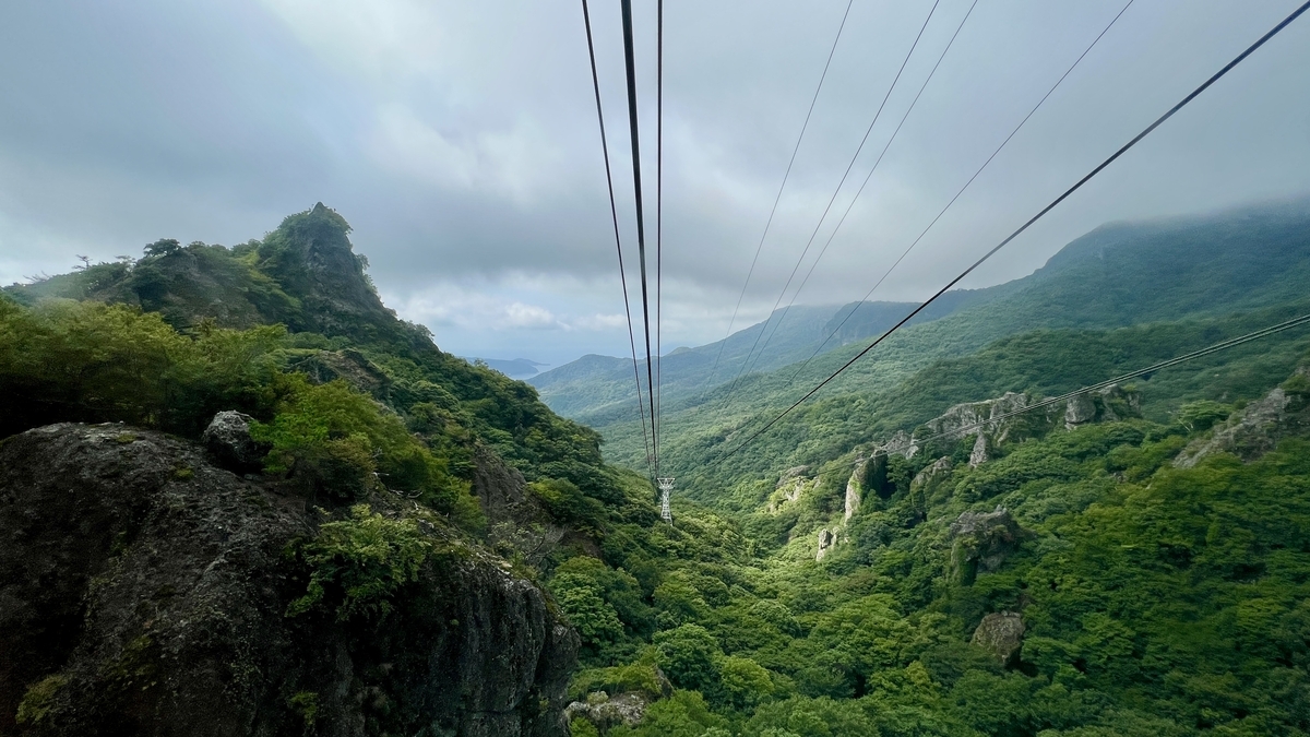 Kankakei Ropeway gliding above lush green gorge with distant mountain views