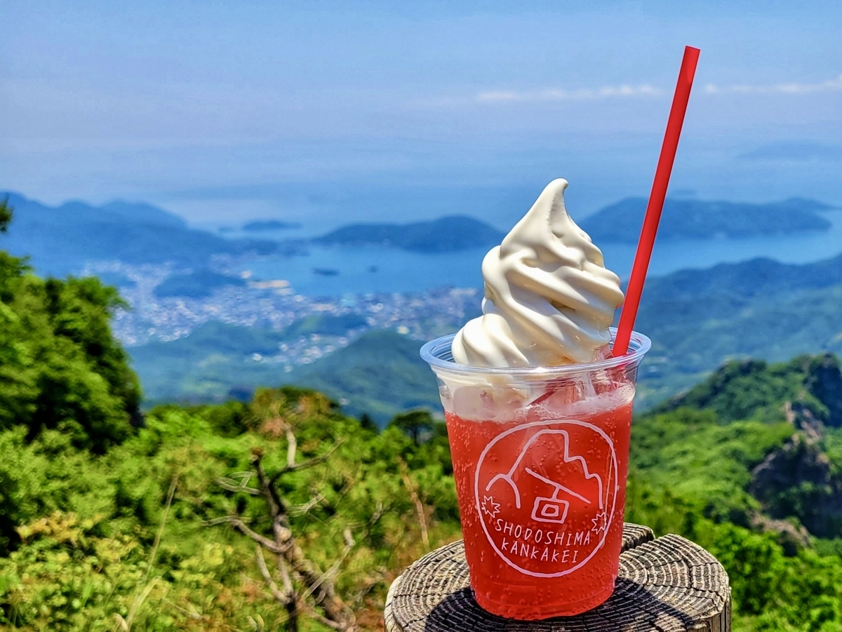Panoramic view from Kankakei Gorge summit with a drink purchased at the summit