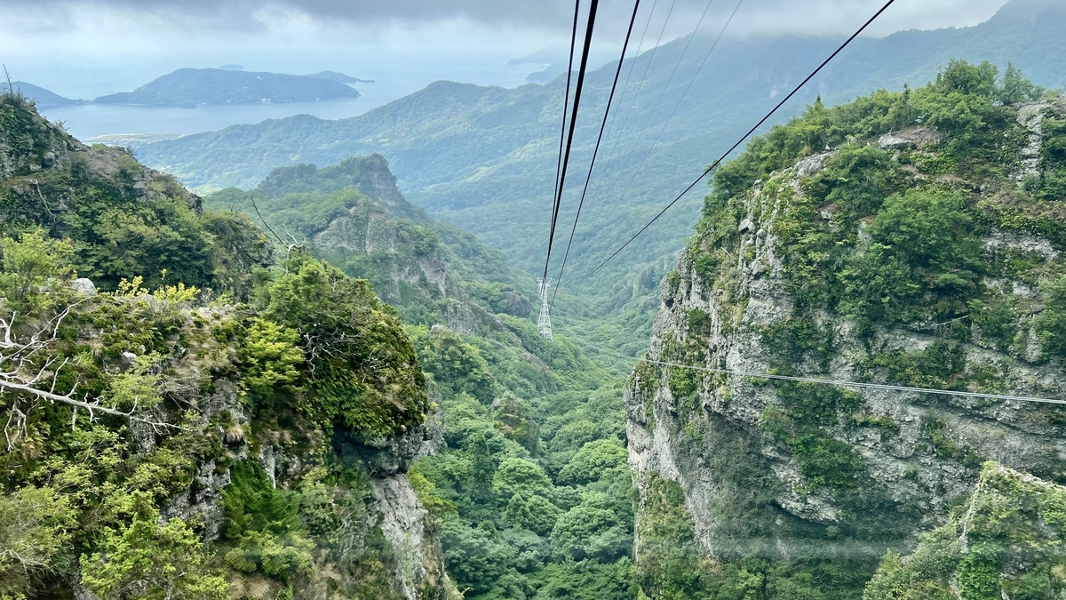 Panoramic view of Kankakei Gorge and surrounding mountains from the ropeway