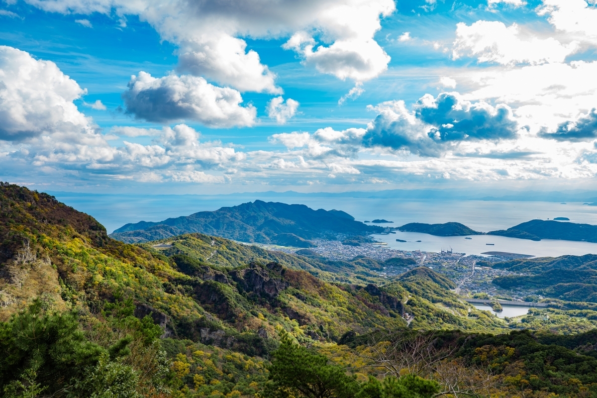 View from the summit of Kankakei Gorge overlooking the blue Seto Inland Sea, Shodoshima’s silhouette, and a vast sky