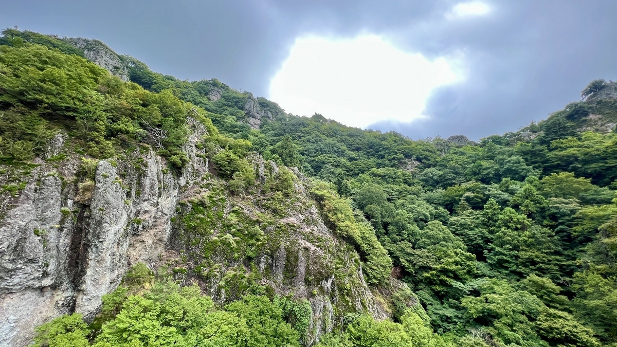 在绿意盎然的峡谷中耸立的陡峭岩山