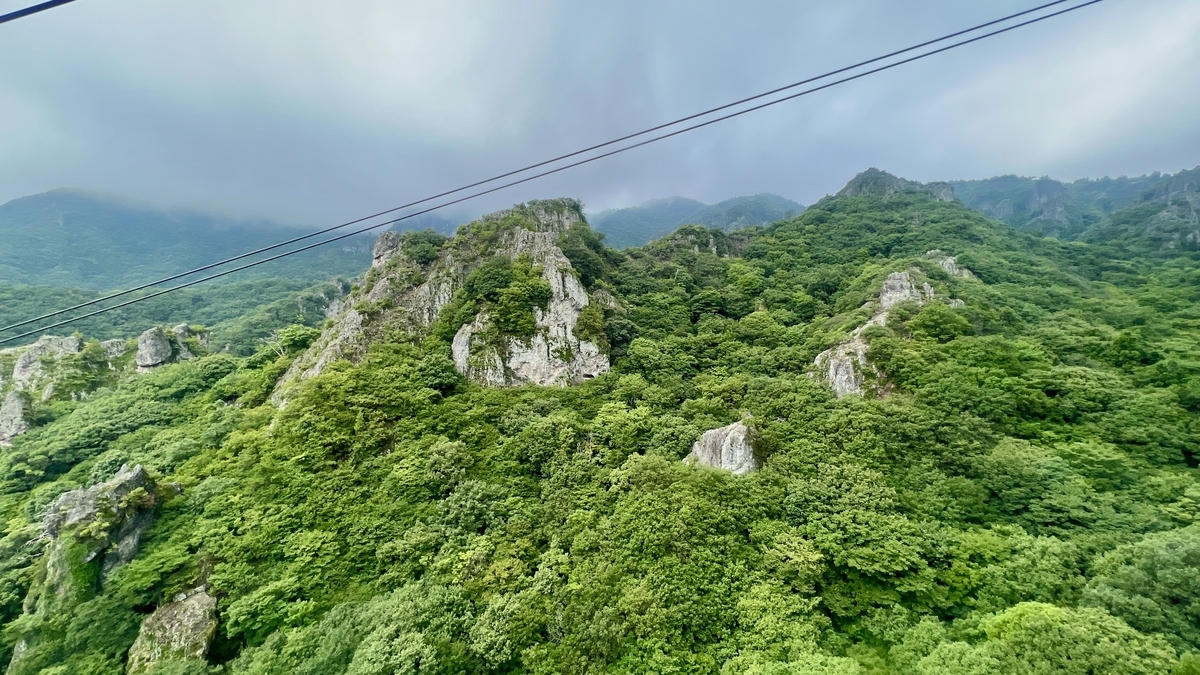 从缆车空中俯瞰寒霞溪的岩峰和群山