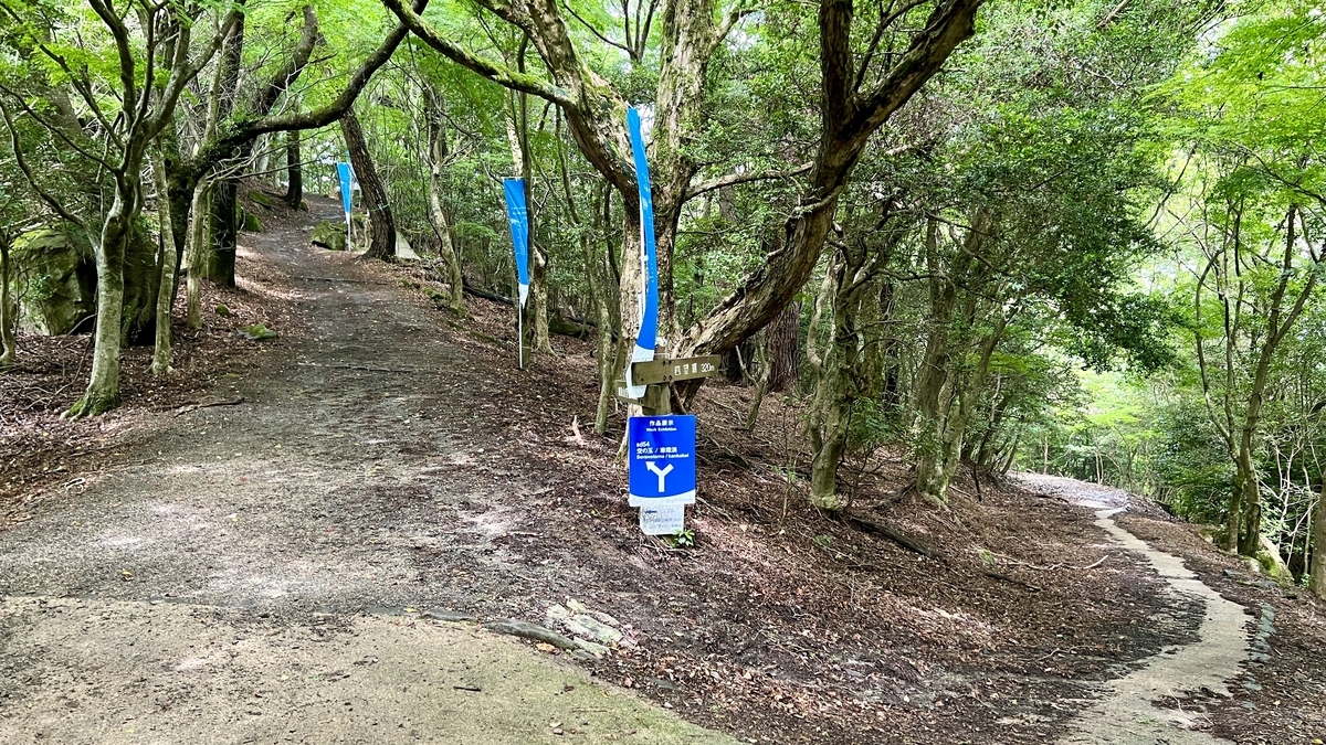 林中立着的显示到鹰取观景台距离的标牌和蓝旗