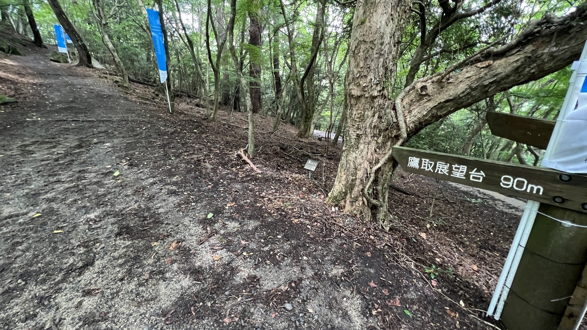 显示鹰取观景台还剩90米的指南板和周围树木