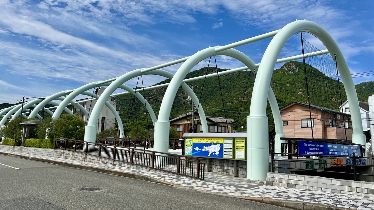 Eitaibashi Bridge with its arched roof and multilingual information boards
