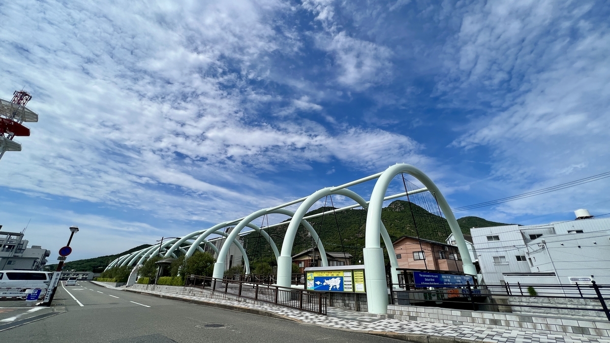 Modern arched-roof structure covering Dofuchi Strait and its surroundings