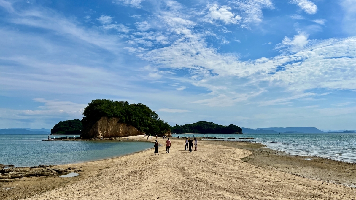 Angel Road’s sandy path with tranquil islands floating on the Seto Inland Sea