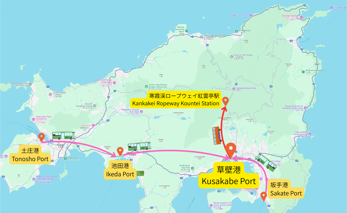Map showing access route from Shodoshima ports to the Kankakei Gorge Ropeway