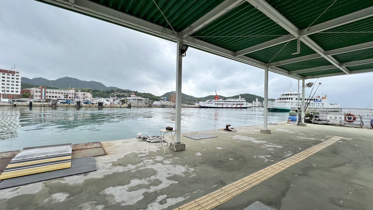 Tonosho Port’s high-speed boat terminal and coastline view.