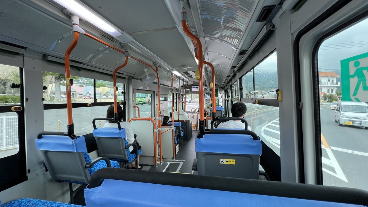 Spacious rear seats inside the Olive Bus.