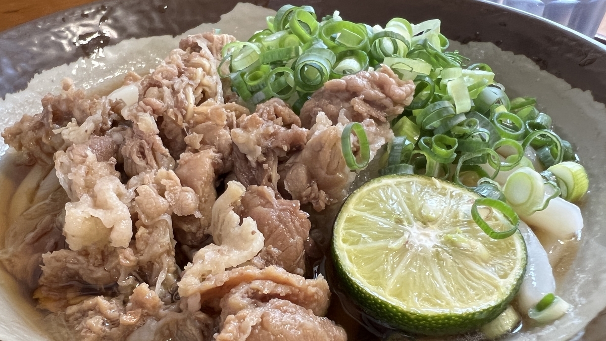 Primer plano del udon con sudachi y carne que destaca por su frescura y textura