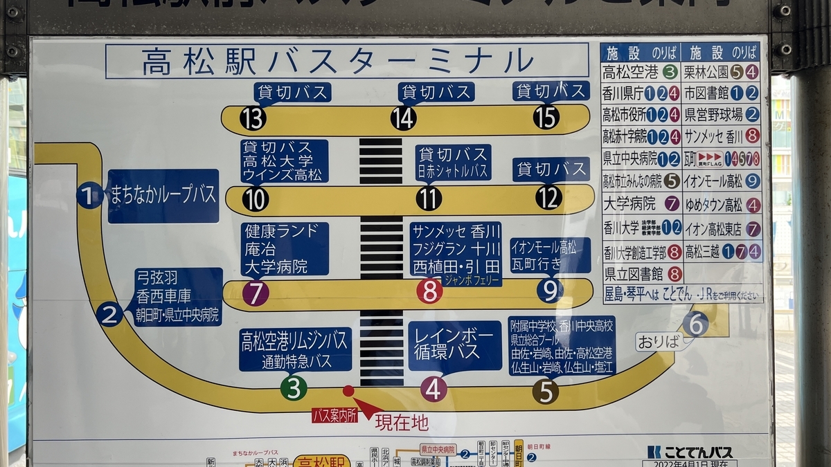 แผนผังภายในสถานีขนส่งรถบัส Takamatsu ที่แสดงจุดขึ้นรถบัสลิมูซีน