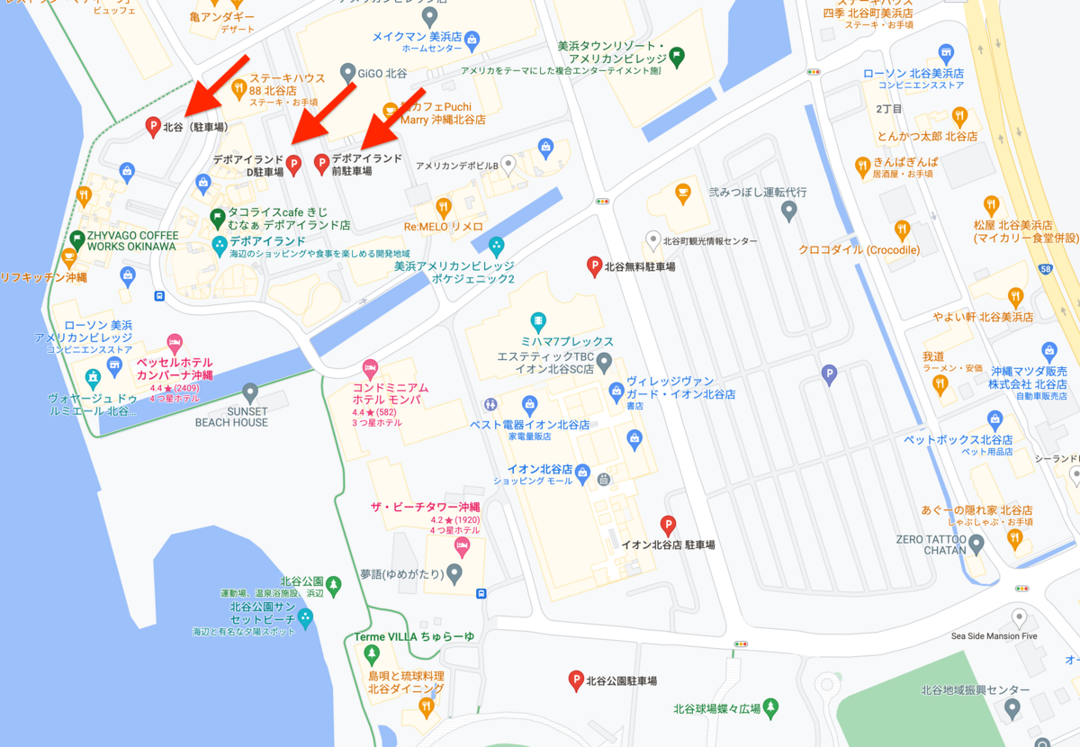 显示美滨美国村周边停车场的地图