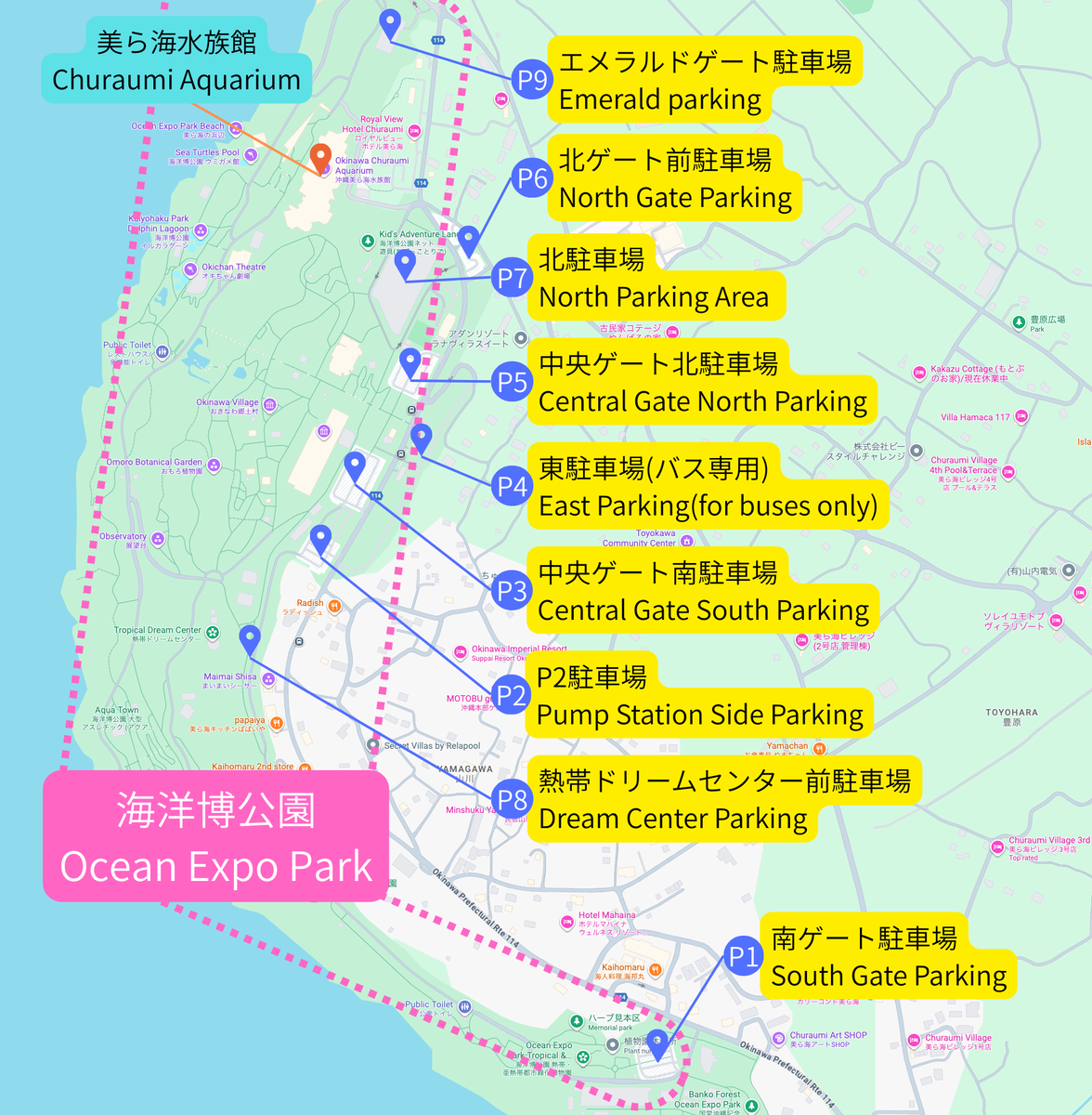แผนที่แสดงตำแหน่งของลานจอดรถฟรีในสวน Ocean Expo Park และพิพิธภัณฑ์สัตว์น้ำชูราอูมิ