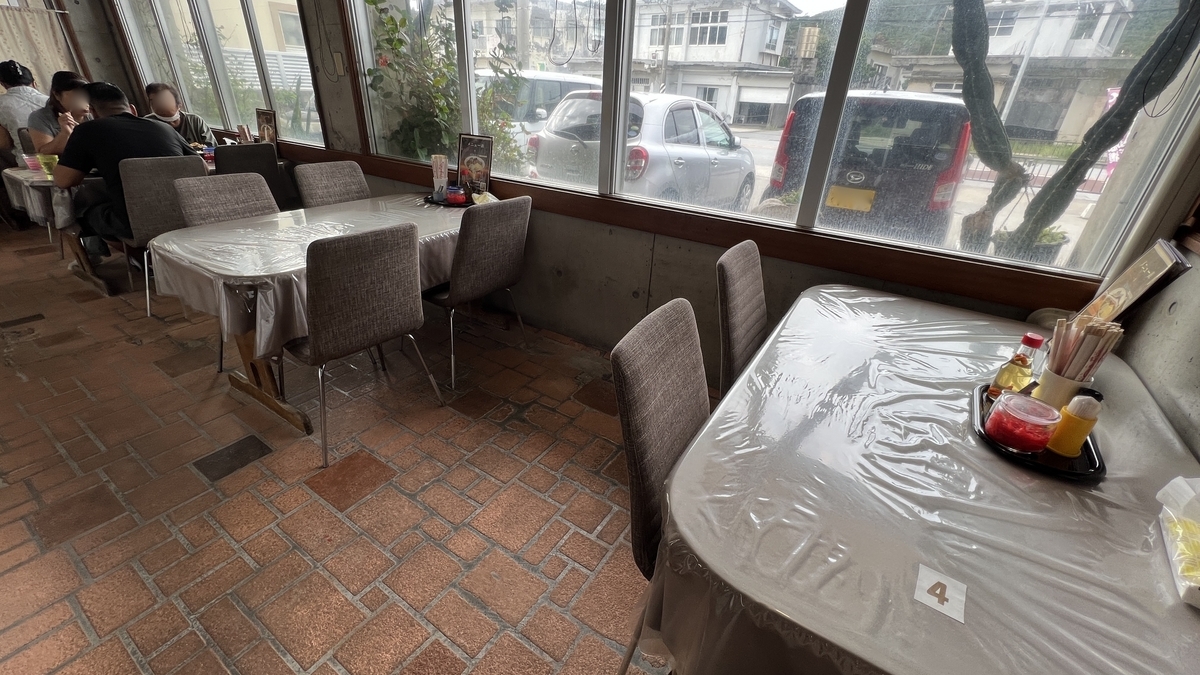 Tables and walls decorated with menus and posters inside Yoshimi Shokudo