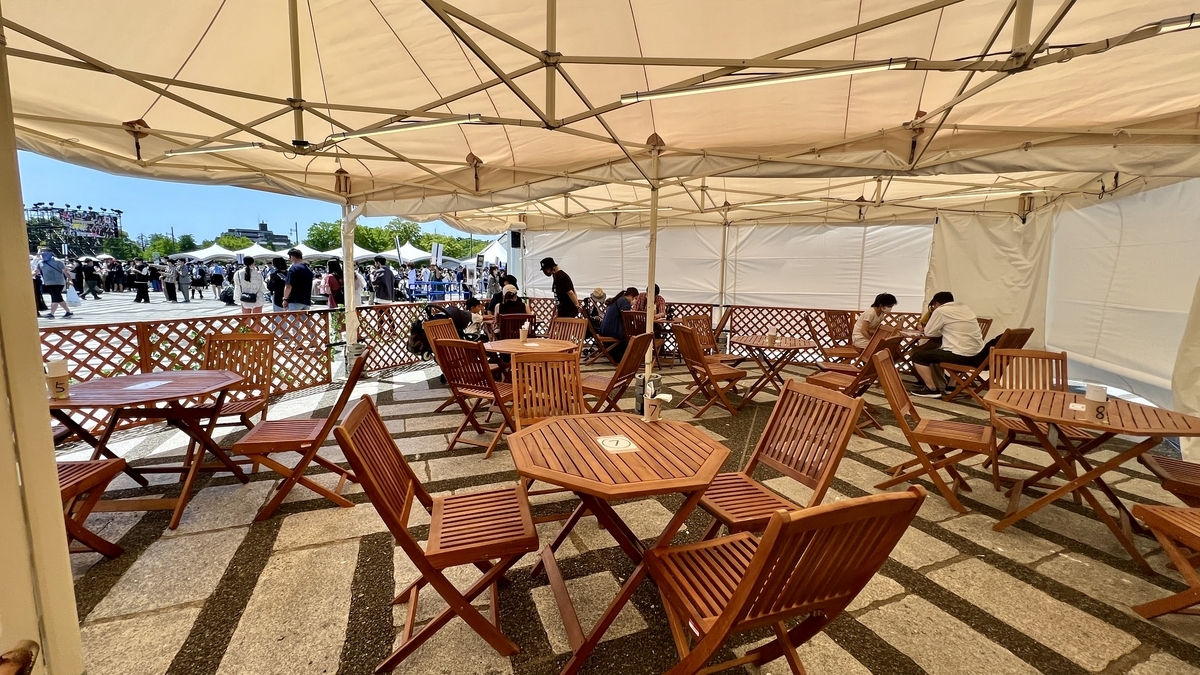 Zona de asientos bajo carpa en el Craft Gyoza Lounge donde los visitantes se relajan