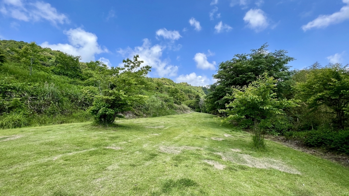 緩やかな斜面と木々に囲まれたファミリーエリアのサイト全景