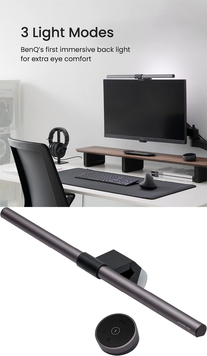 湾曲モニターに設置されたBenQ ScreenBar Haloとワイヤレスリモコンが置かれたデスク