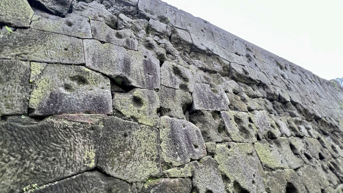 Moss-covered wall carved with bullet and cannon impacts