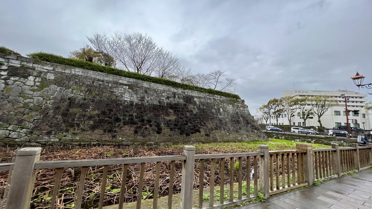 Scenic walkway overlooking the bridge and moat surrounding Kagoshima Castle
