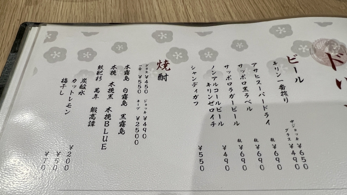 소주나 사케 등이 기재된 음료 메뉴판