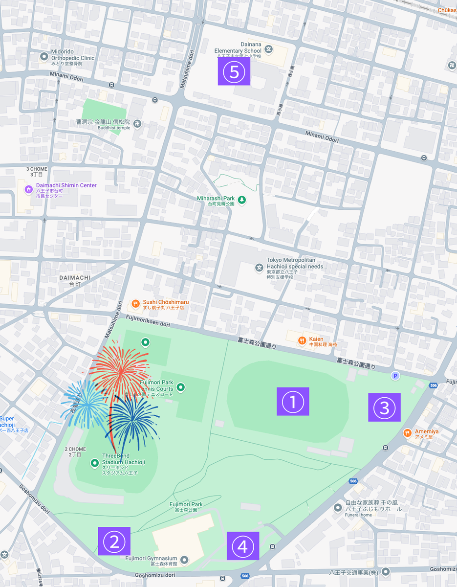 富士森公園と各観覧エリアの位置関係が分かる八王子花火大会の会場マップ