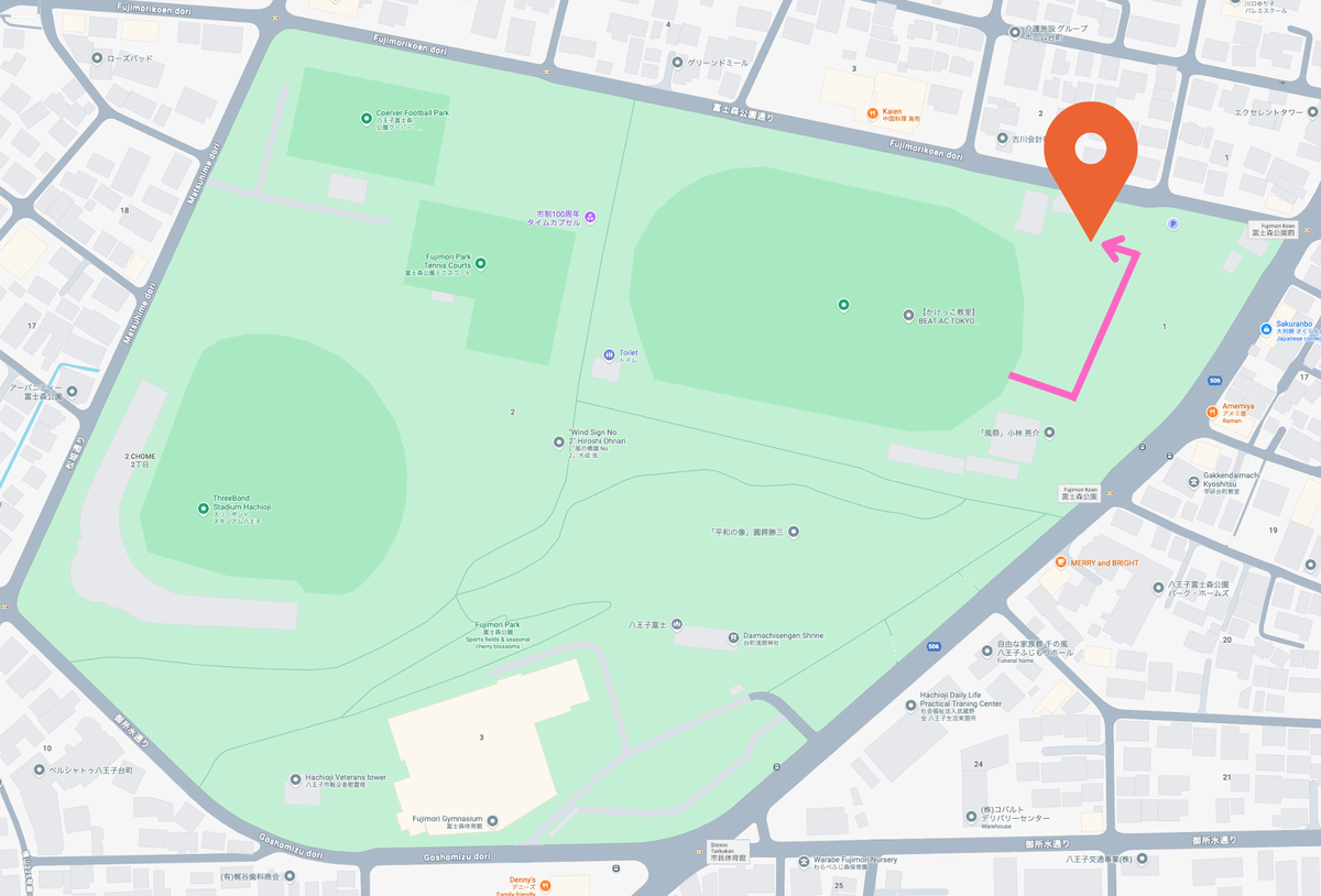 富士森陸上競技場内の喫煙所の位置が分かる案内図