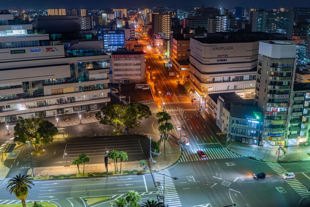 Night view of JR Miyazaki Station West Exit and the illuminated cityscape