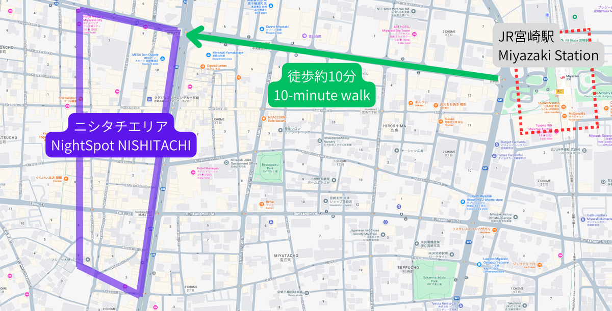 Map showing the dining area west of Miyazaki Station