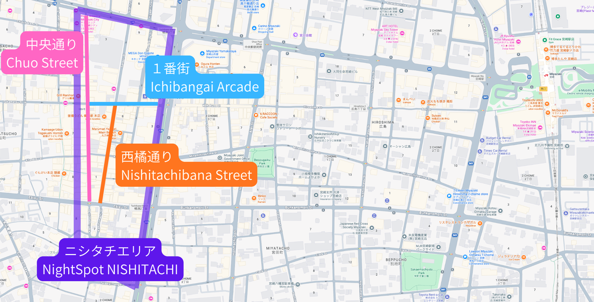 Nishitachi map showing the main streets of the district