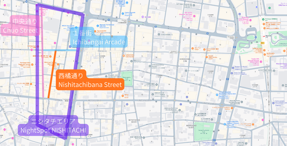 Map highlighting the location of Nishi-Tachibana Street within Nishitachi