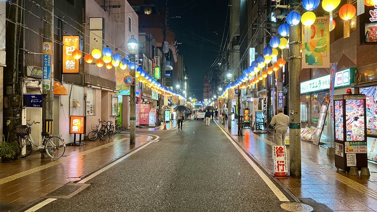 Lantern-lit night scene of Nishitachi with restaurants lining the street