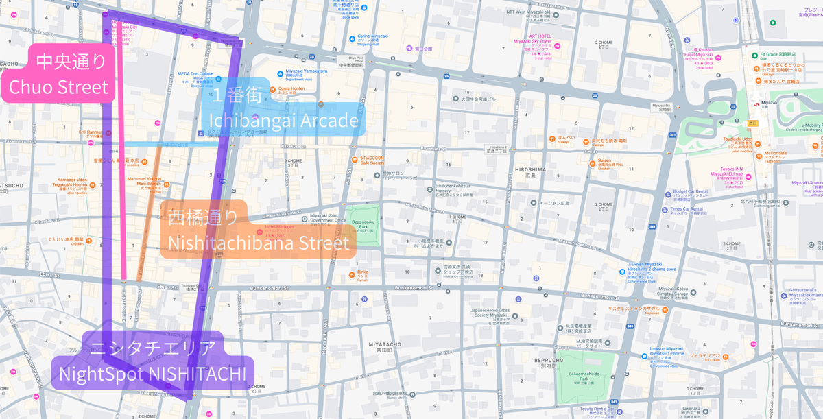 Map highlighting the location of Chuo Street within Nishitachi