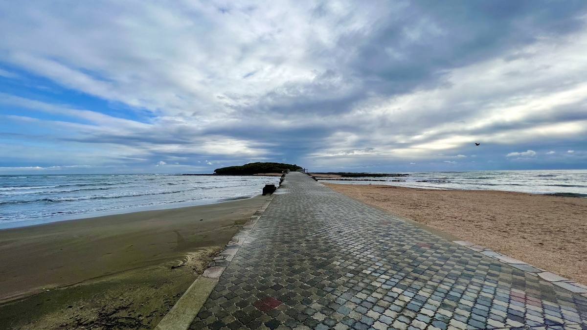 青島へ続く弥生橋を正面から見た景色 海と空が広がる開放的な眺め