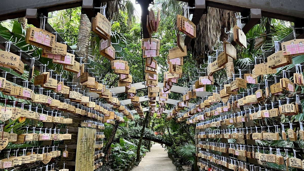 無数の絵馬が頭上と両側を埋め尽くす祈りの古道の通路 緑の中に続く神秘的な空間