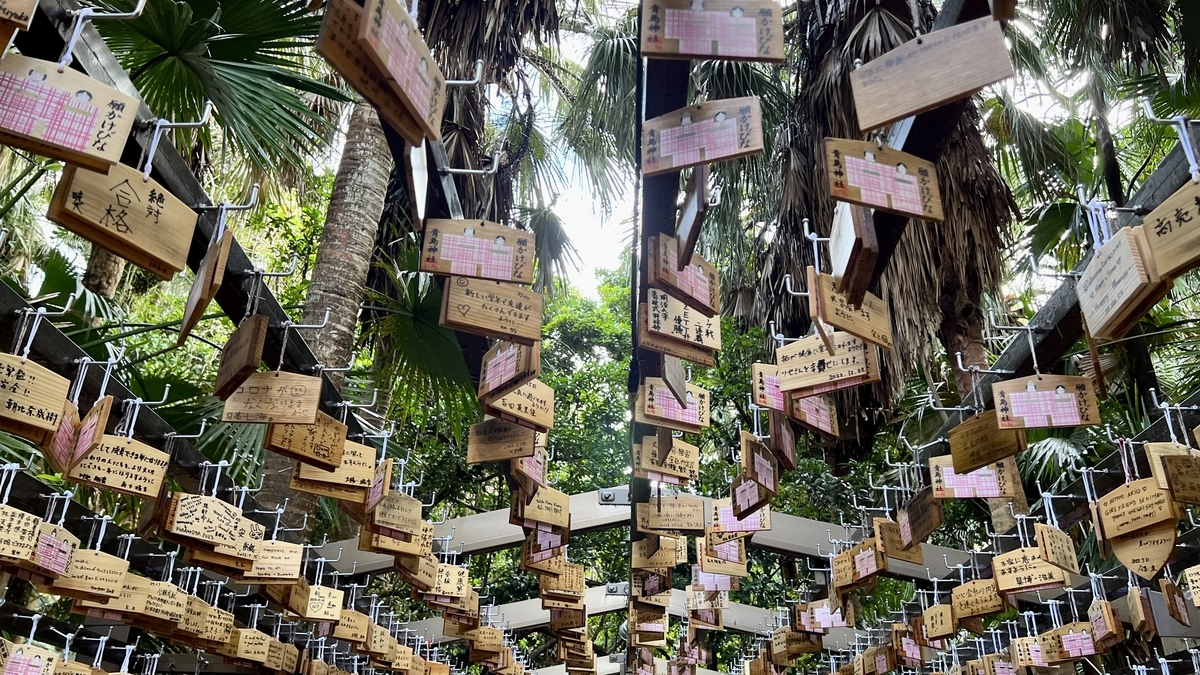 絵馬が立体的に並び奥へと伸びる祈りの古道の様子 木漏れ日が差し込む神秘的な小道