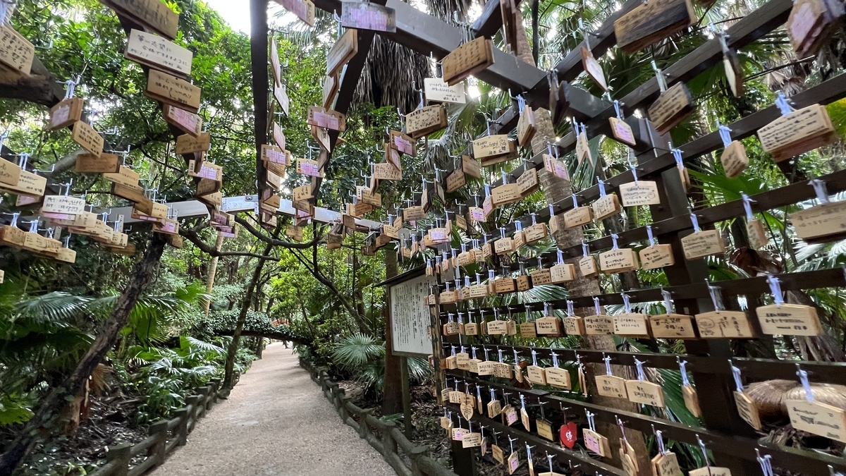 祈りの古道の奥へと続く道 絵馬のトンネルと周囲の森が作り出す独特の雰囲気