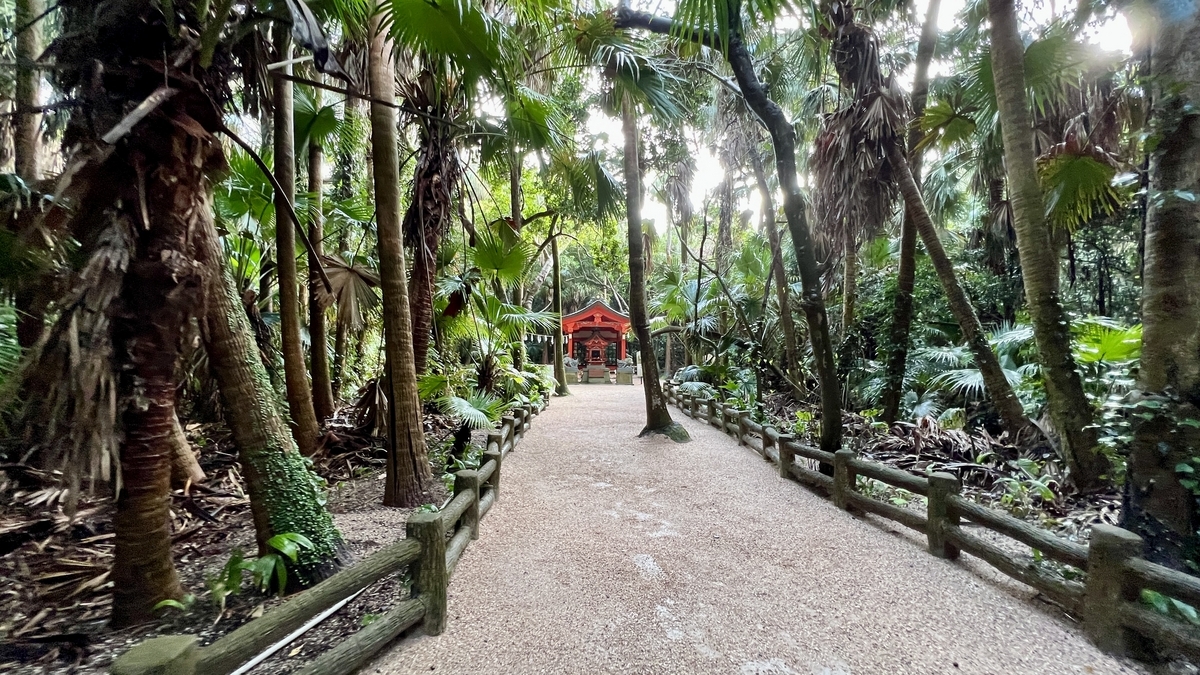 御成道の先に朱色の元宮が現れる風景 緑の森の中に佇む鮮やかな社殿