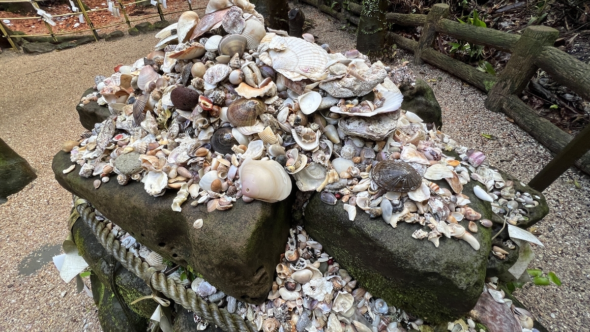 貝殻が積まれた石台の様子 願いを込めて供えられた真砂の貝が重なる元宮の風景