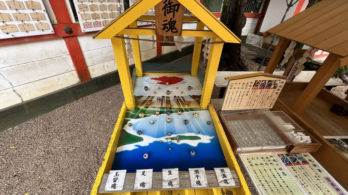 御魂神事の装置を斜めから撮影した様子 色鮮やかな盤面と案内札が配置されている