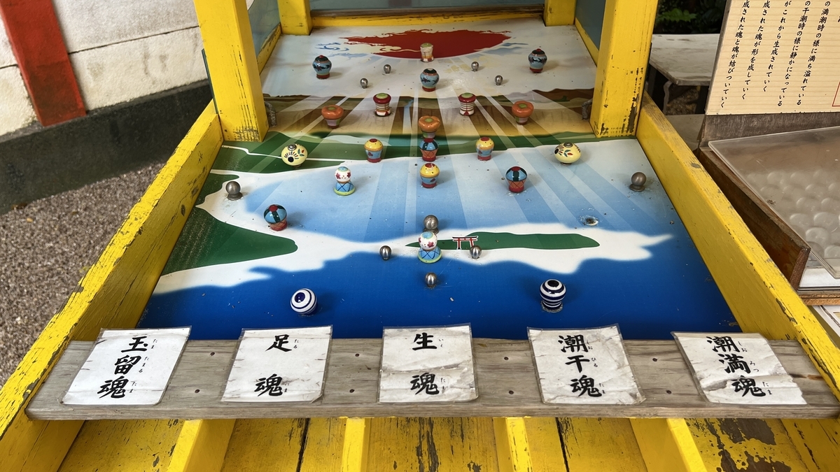 御魂神事の盤面を近くから撮影した写真 多くの釘に囲まれたコースに運魂の玉を転がす仕組み